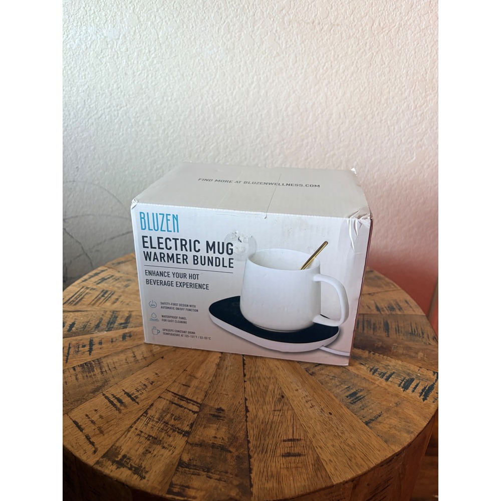 BLUZEN Electric Mug Warmer Bundle White Ceramic Mug Teaspoon Heating Plate 15W